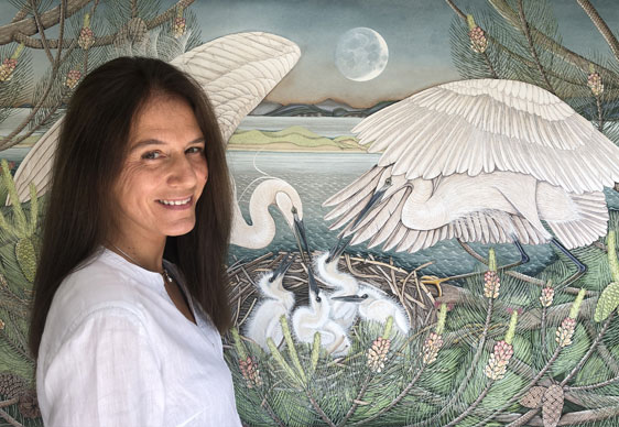 Irish Artist Poppy Melia with Swans Painting